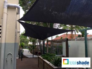 two shade sails over outdoor area lunch seating eating black workplace commercial sun protection shade uv prevention total shade solutions brisbane brendale